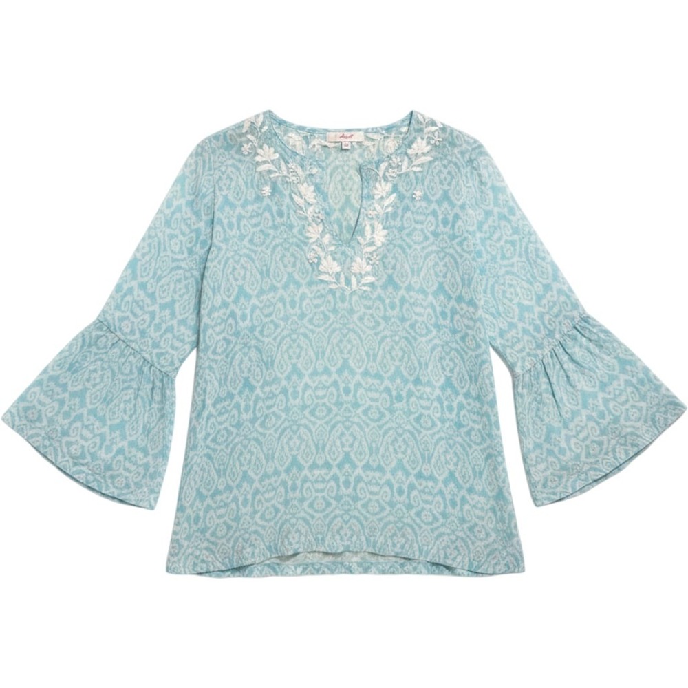 Amaya 100% Silk Sheer Tunic Blouse Blue Ikat Embroidered Bell Sleeve Size 40